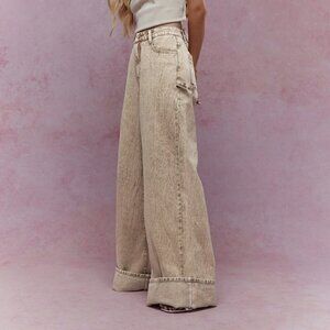 Khaki Casual Women's Washed Folded Hem Straight Leg Jeans